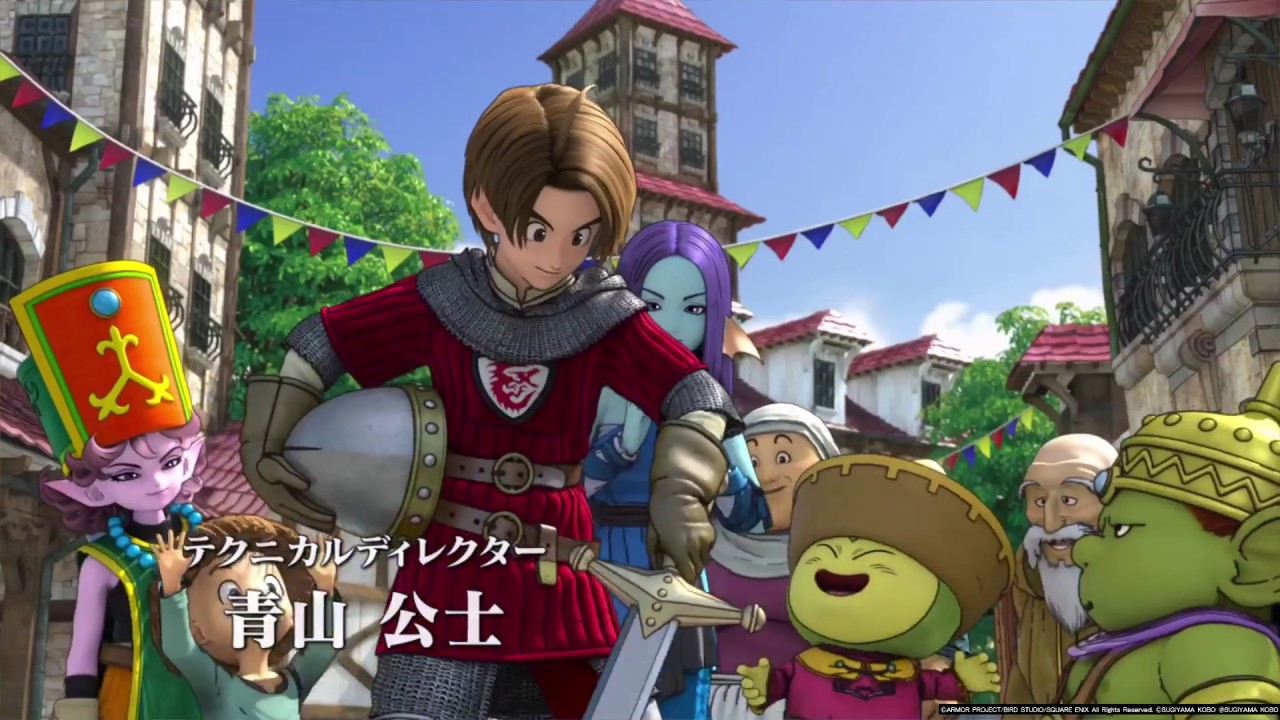 Dragon Quest X Online oyunundan 3D render: kırmızı zırhlı kahraman ve dört takım üyesi karakterler