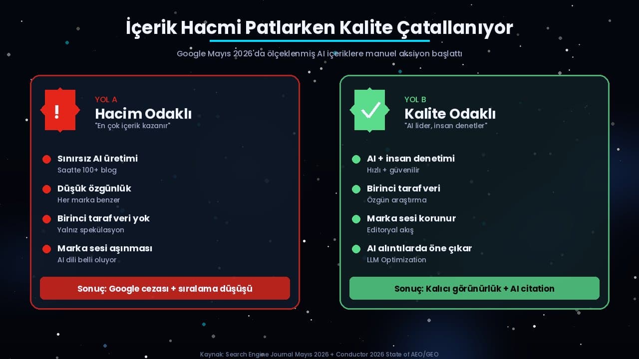 AI içerik stratejisi karşılaştırması: hacim odaklı yol Google cezası ve marka aşınması getirir, kalite odaklı AI plus insan denetimi kalıcı görünürlük sağlar.