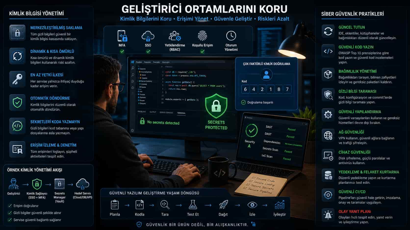 Geliştirici ortamlarini korumak için uygulanan kimlik bilgisi yönetimi ve siber guvenlik pratiklerini temsil eden gorse