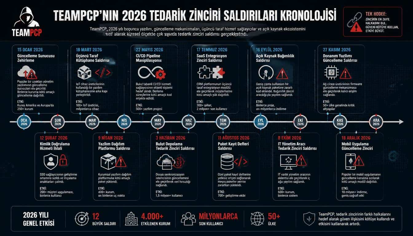 TeamPCP grubunun 2026 boyunca gerçekleştirdiği tedarik zinciri saldırılarının kronolojisini gosteren infografik