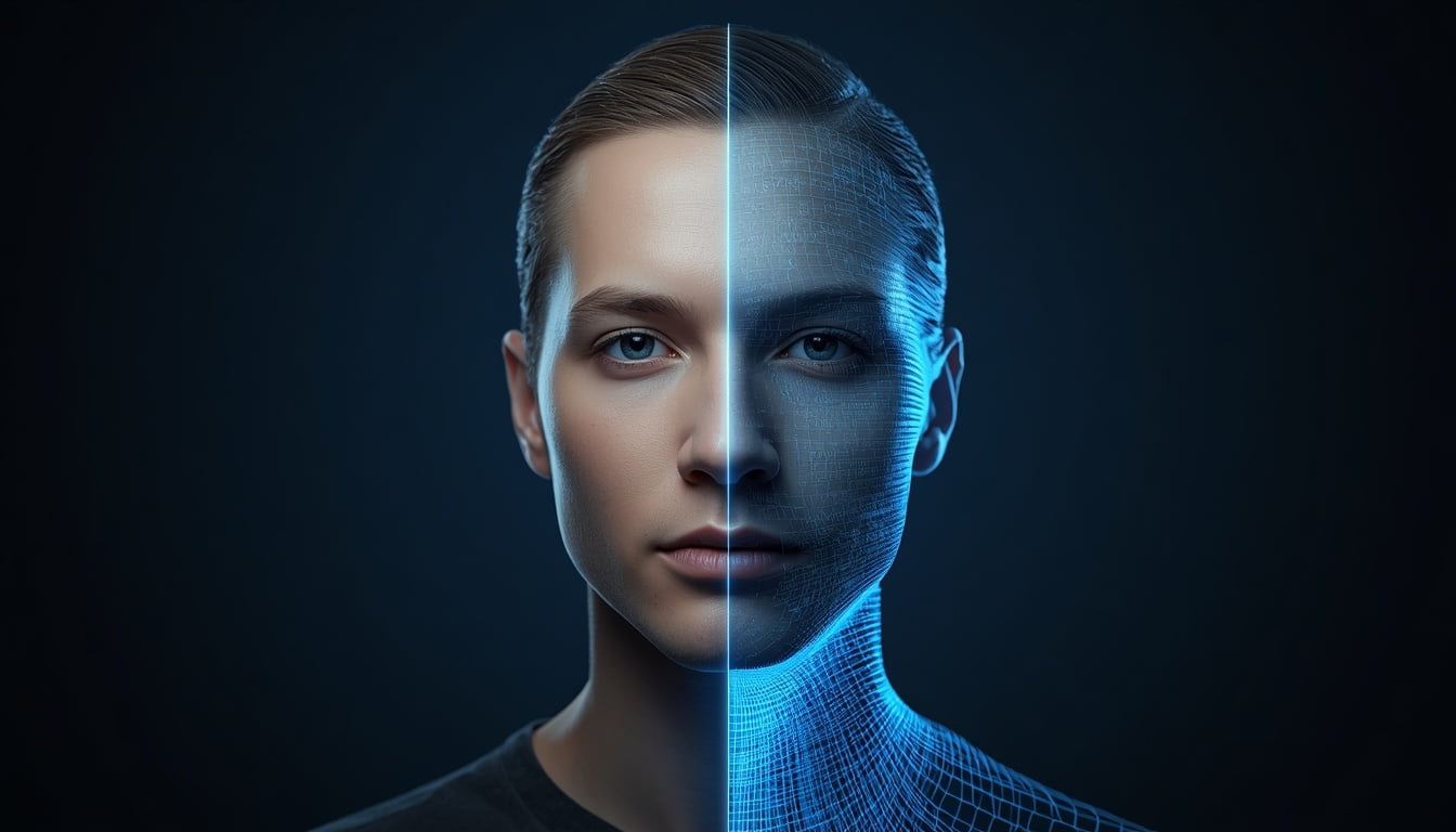 Yüzünün bir yarısı gerçek insan, diğer yarısı mavi dijital tel kafes olan portre: deepfake yazılımcı sızma operasyonundaki sentetik kimliğin sembolü.