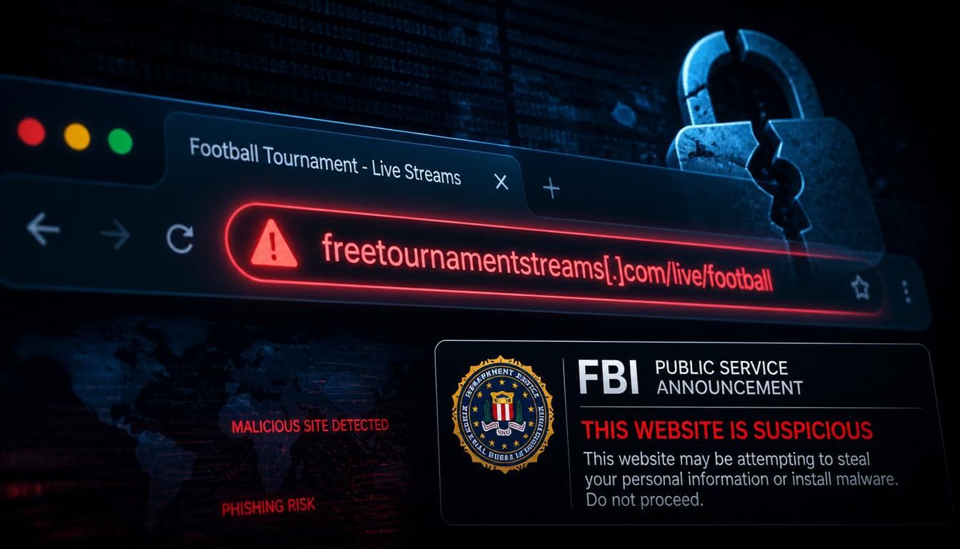 Sahte FIFA siteleri dolandırıcılığına karşı FBI uyarısını temsil eden görsel: kırmızı uyarı işaretli sahte bir futbol turnuvası sitesi adresi ve kırık kilit simgesi.