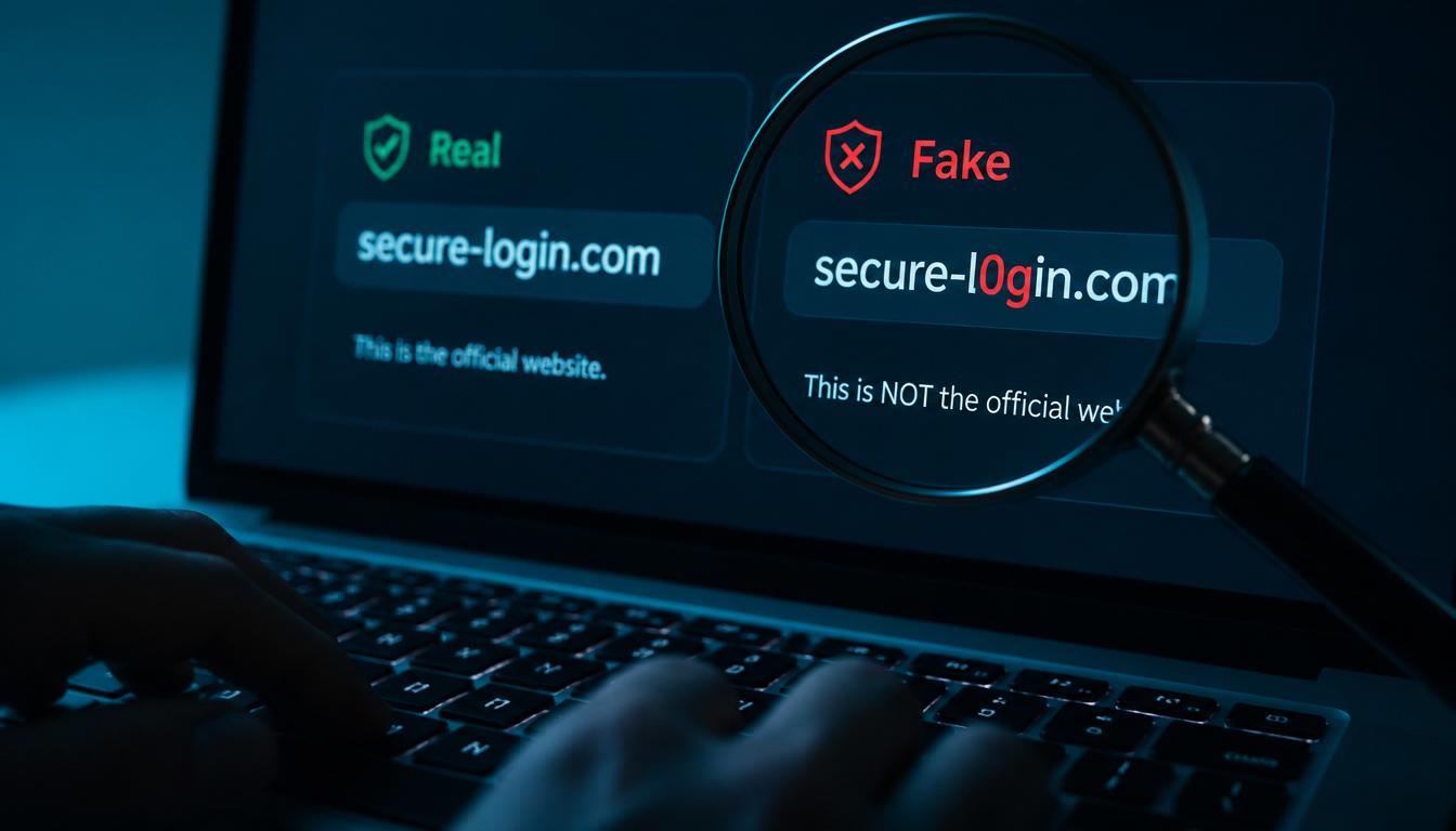 Typosquatting yöntemiyle kurulan sahte alan adlarını gösteren görsel: gerçek ve sahte site adresleri yan yana, yazım farkı büyüteçle işaretlenmiş halde.