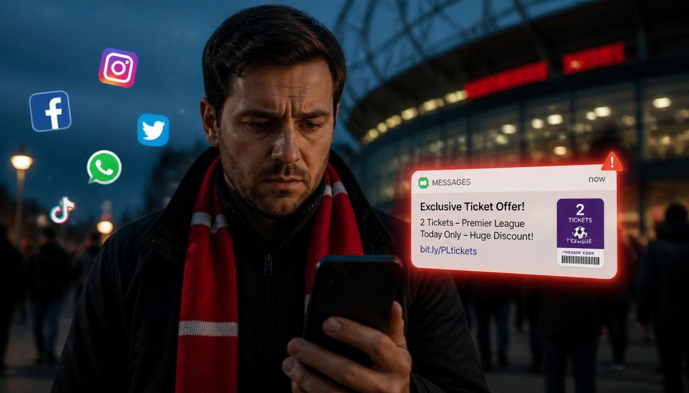 Türkiye'deki futbol severlere yönelik riskleri gösteren görsel: telefonunda sahte bilet teklifi bildirimi gören ve sosyal medya kanallarından gelen tuzaklarla karşılaşan bir taraftar.