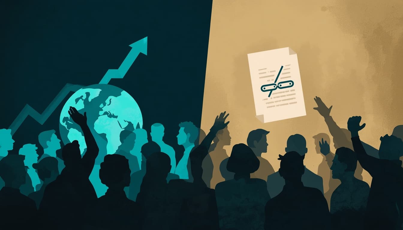 Küresel yapay zeka yönetişimi diyaloğunu destekleyenler ile bağlayıcı gücü olmadığını söyleyen eleştirenleri karşı karşıya koyan bölünmüş tartışma görseli