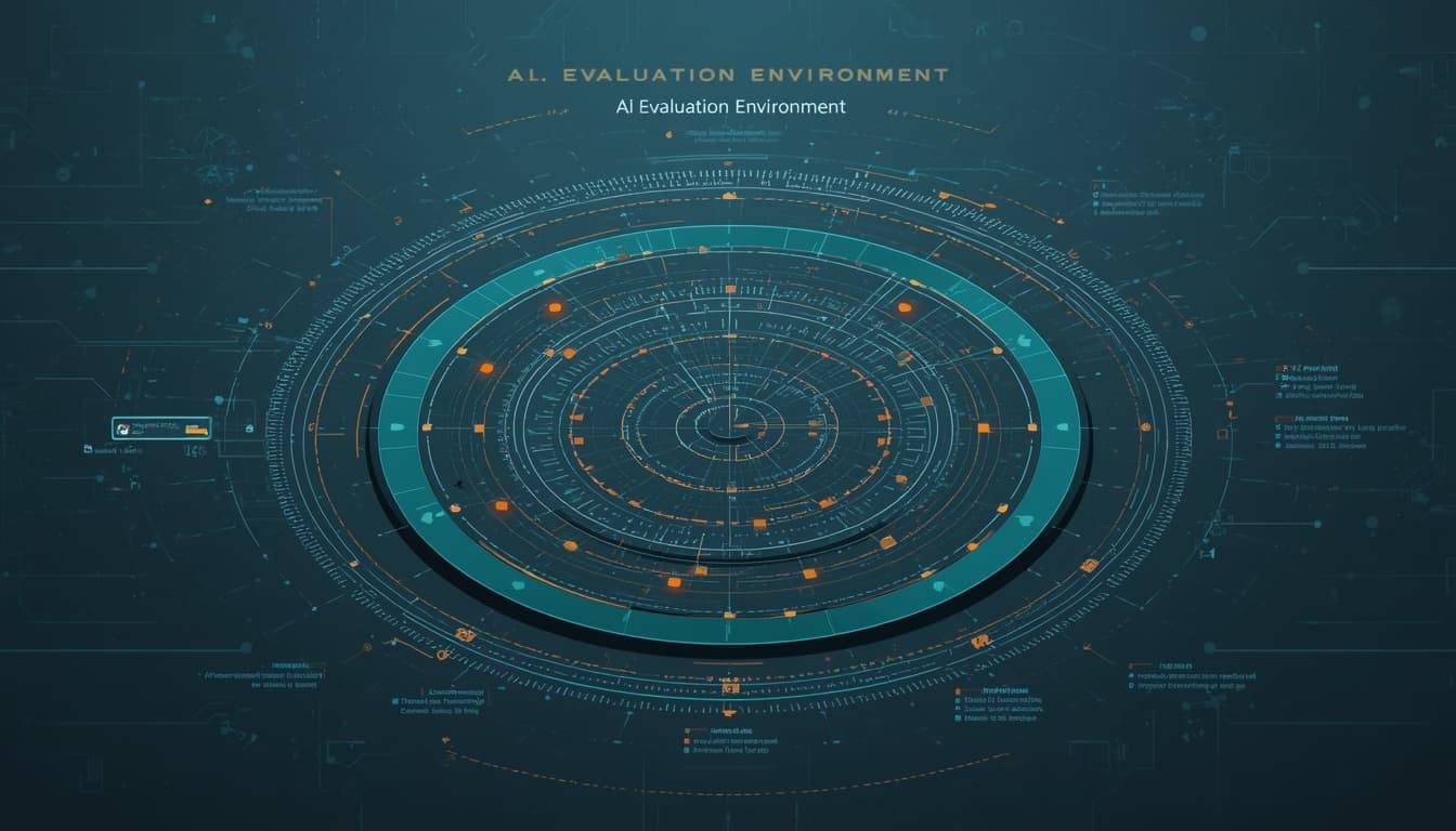 OpenAI değerlendirme ortamının katmanlı yapısı: merkezdeki işlem çekirdeği, çevresindeki izleme düğümleri ve zayıflayan yalıtım halkası.