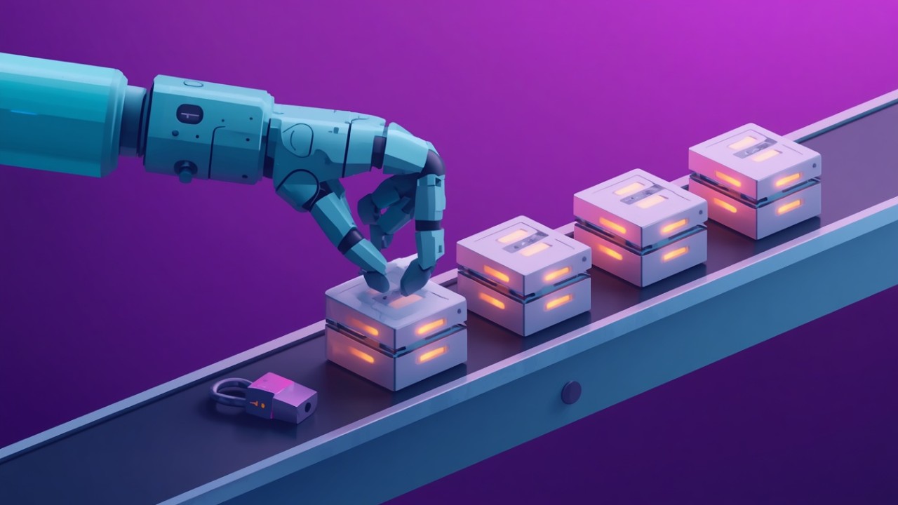 Robot kolun kilitsiz veritabanı blokları üretmesi; yapay zeka kodlama ajanlarının vibe coding uygulamalarında güvenlik ayarını atlamasını temsil ediyor.