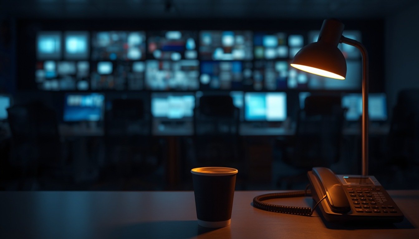 FBI ve NSA'nın PHP2Shell güvenlik açığı uyarısının ardından gece mesaisine kalan, monitörleri açık boş bir siber güvenlik operasyon merkezi.
