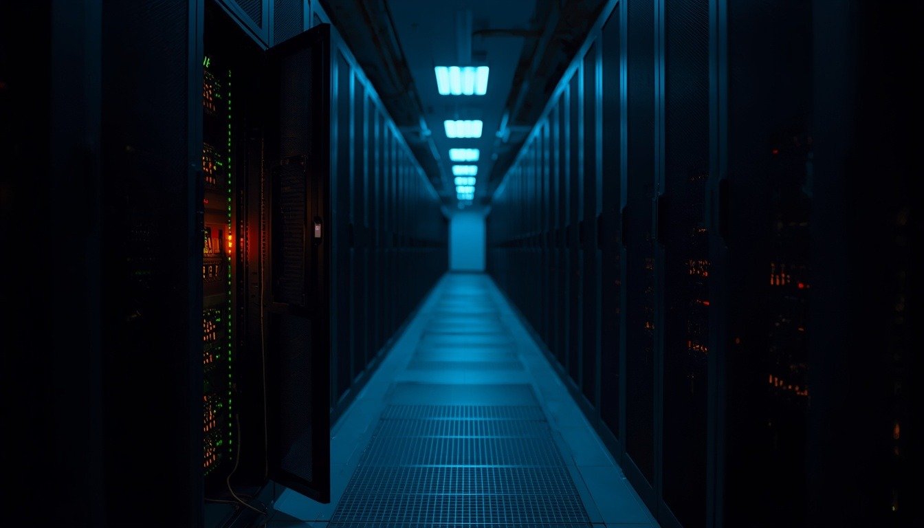 PHP2Shell güvenlik açığı sonrası gece bir veri merkezinde, yeşil ışıklar arasında tek bir turuncu uyarı lambası yanan açık sunucu kabini.