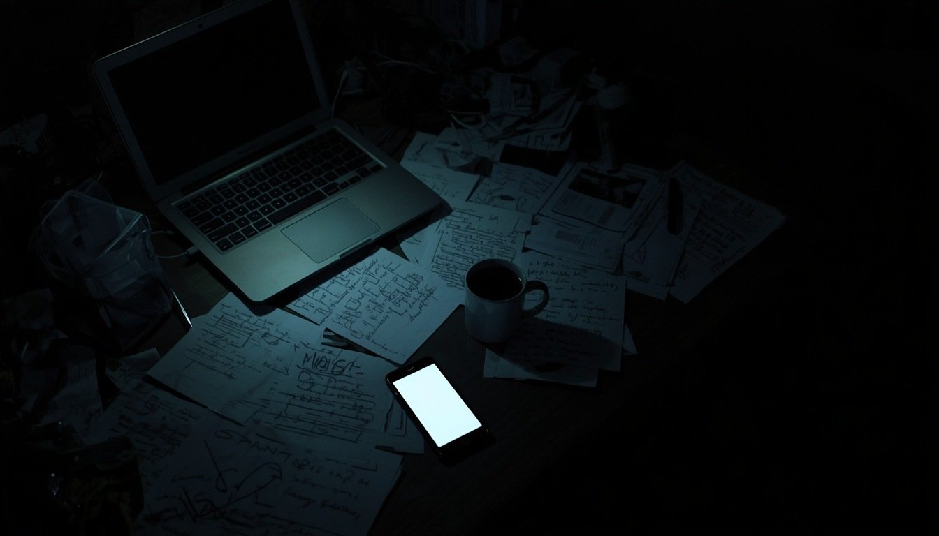 PHP2Shell güvenlik açığının Hacker News'te sızdığı geceyi anlatan, laptop ve bildirim ışığı yanan telefonla dolu karanlık bir çalışma masası.