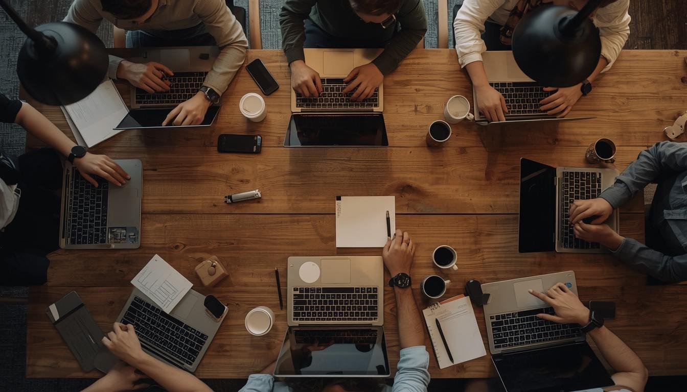 PHP2Shell güvenlik açığını ve ifşa sürecini tartışan geliştiricilerin laptopları, kahveleri ve notlarıyla dolu ortak çalışma masasının üstten fotoğrafı.