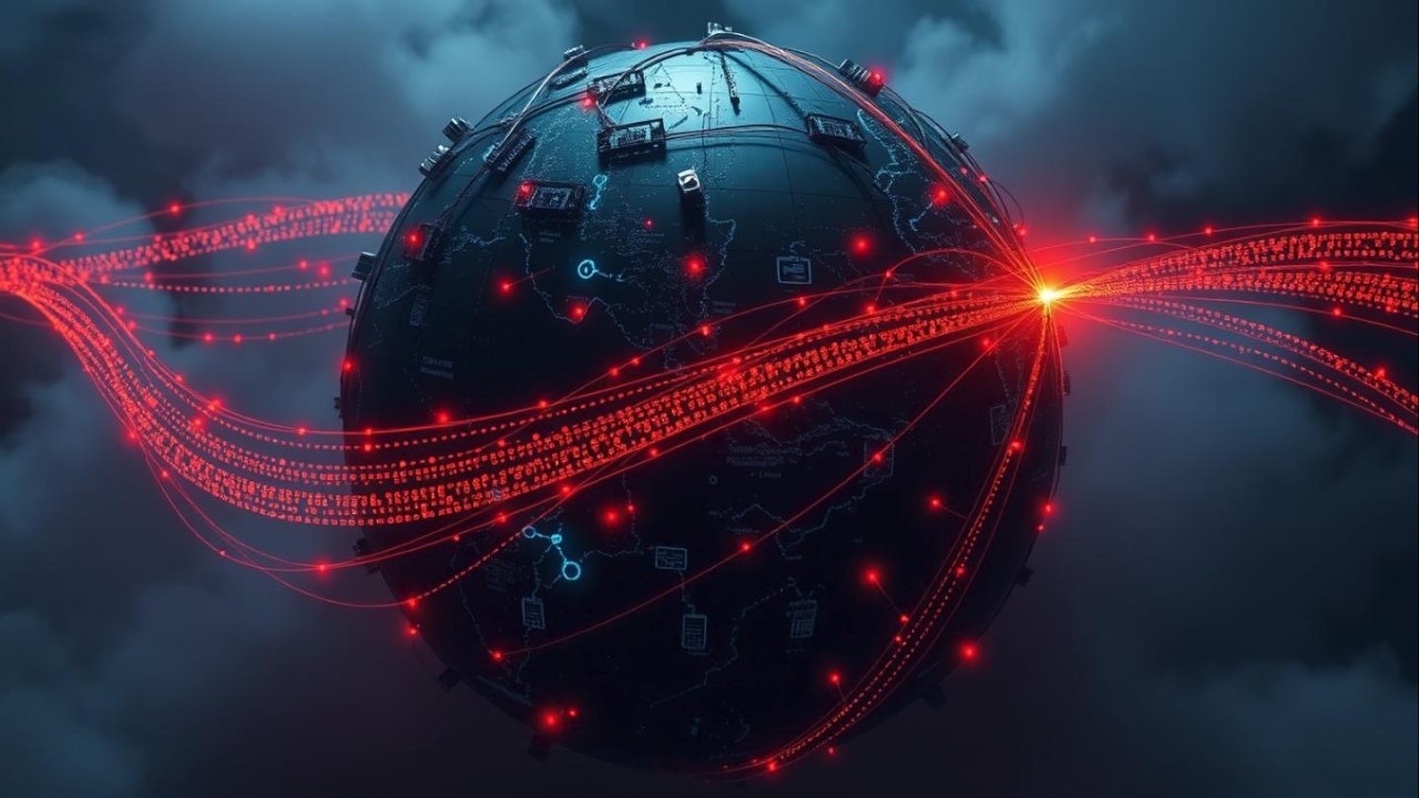 Kalıcı botnet riskinin internet altyapısına yayılmasını simgeleyen, sunucu kümeleri arasındaki bağlantıları gösteren küresel konsept görsel.