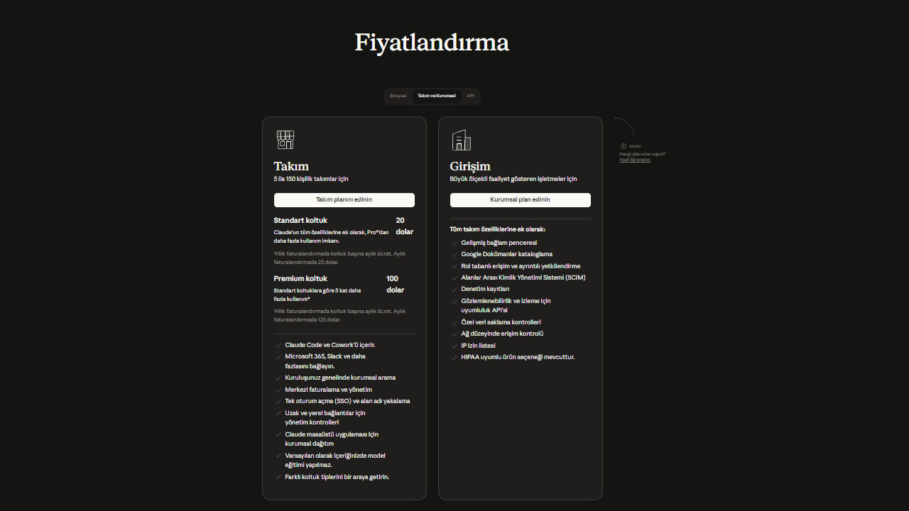 Claude Takım fiyatlandırma