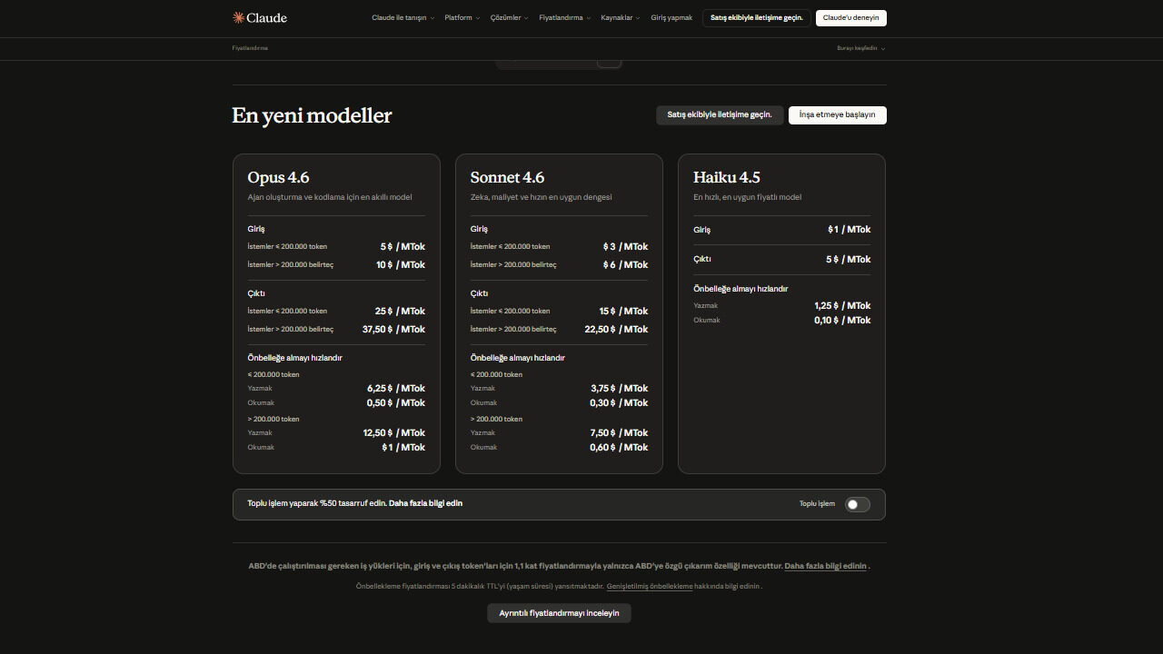 Claude API fiyatlandırma