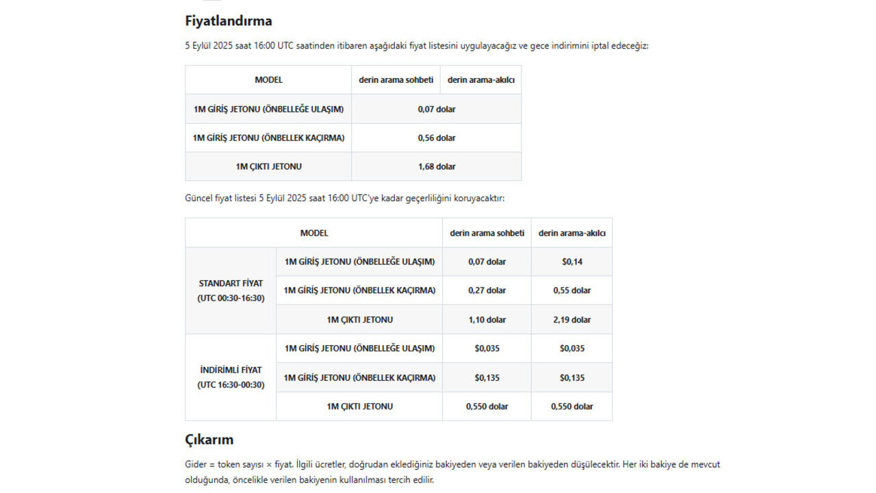 deepseek fiyatlandırma genel tablo