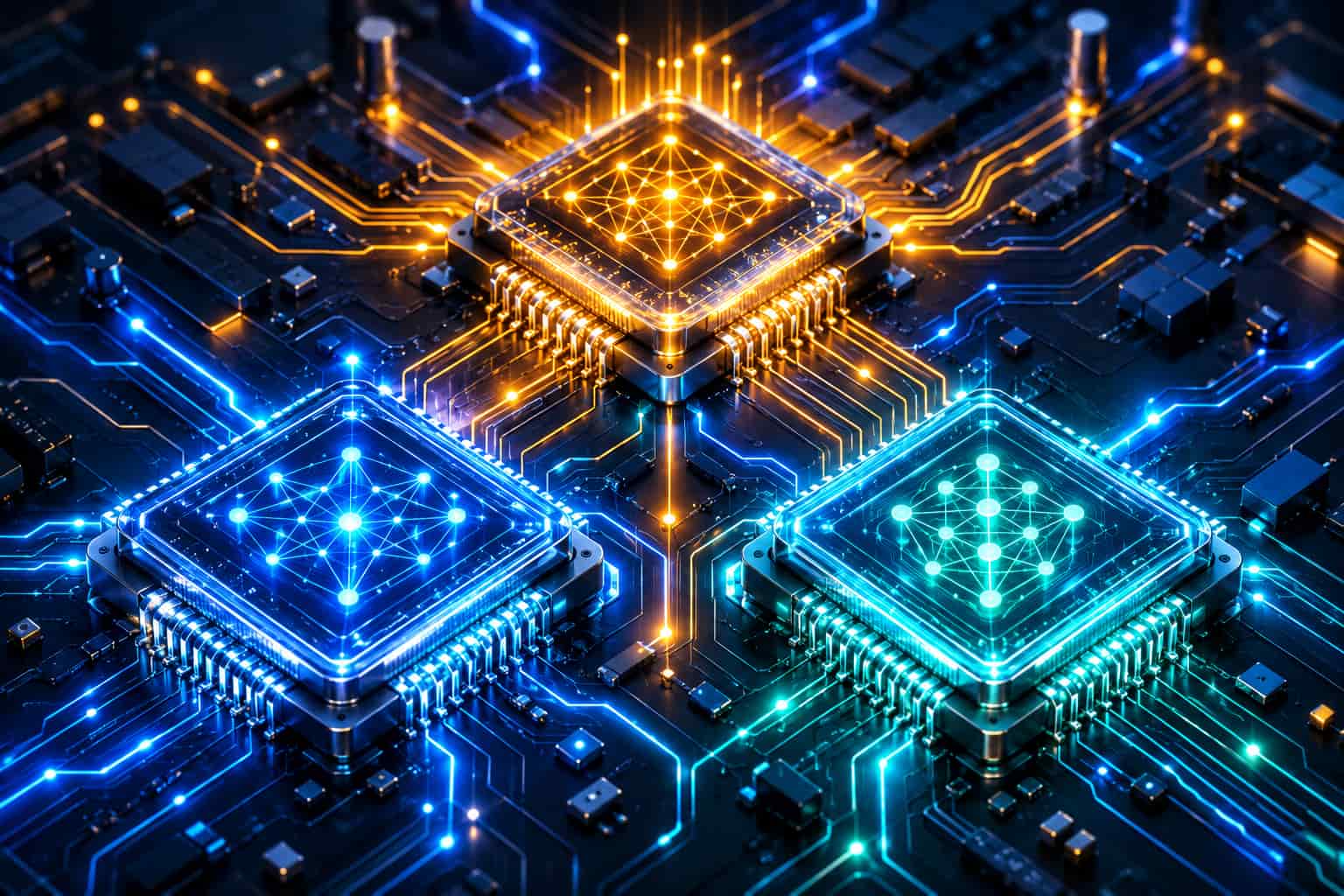 Görseldeki üçlü mikroçip tasarımı, Microsoft, Meta ve Google'ın geliştirdiği Phi-3, Llama 3 8B ve Gemma modellerini temsil etmektedir.