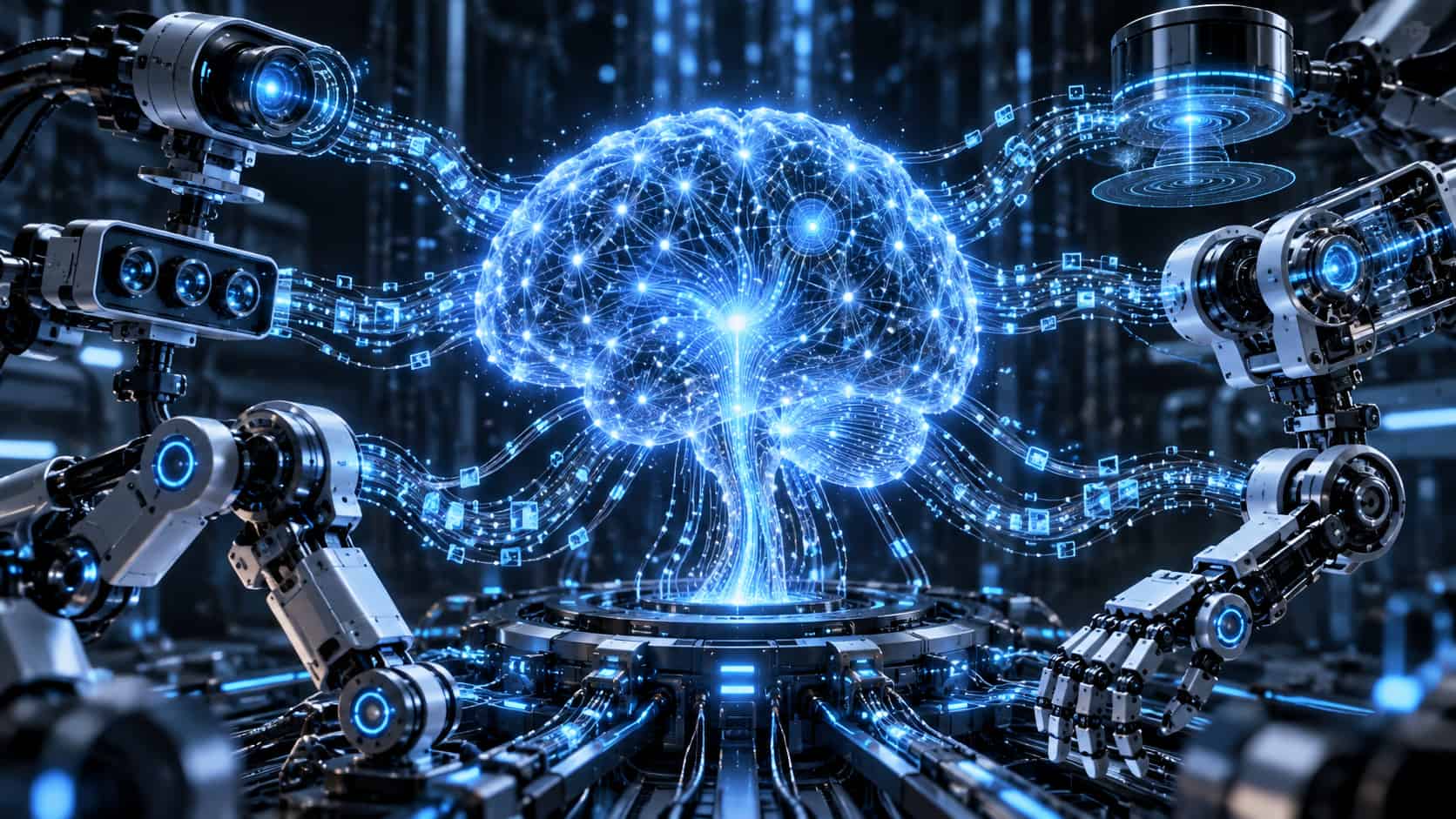 Fiziksel yapay zekanın dijital beyin ve mekanik eklemler arasındaki veri akışını gösteren, mavi tonlarda parlayan robotik gövde tasarımı.