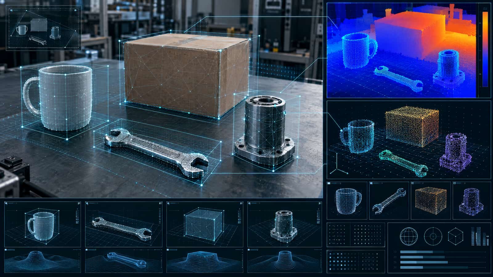İnsansı robotların kameralar üzerinden çevrelerindeki nesneleri algılamasını ve derinlik haritaları çıkarmasını gösteren vizyon ekranı.