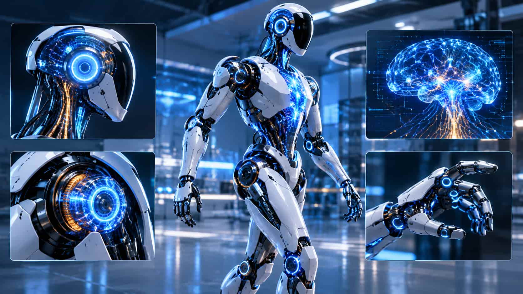 Boston Dynamics ve Figure benzeri elektrikli insansı robotların eklem yapısını ve parlayan sinir ağlarını gösteren yüksek teknoloji tasarımı.