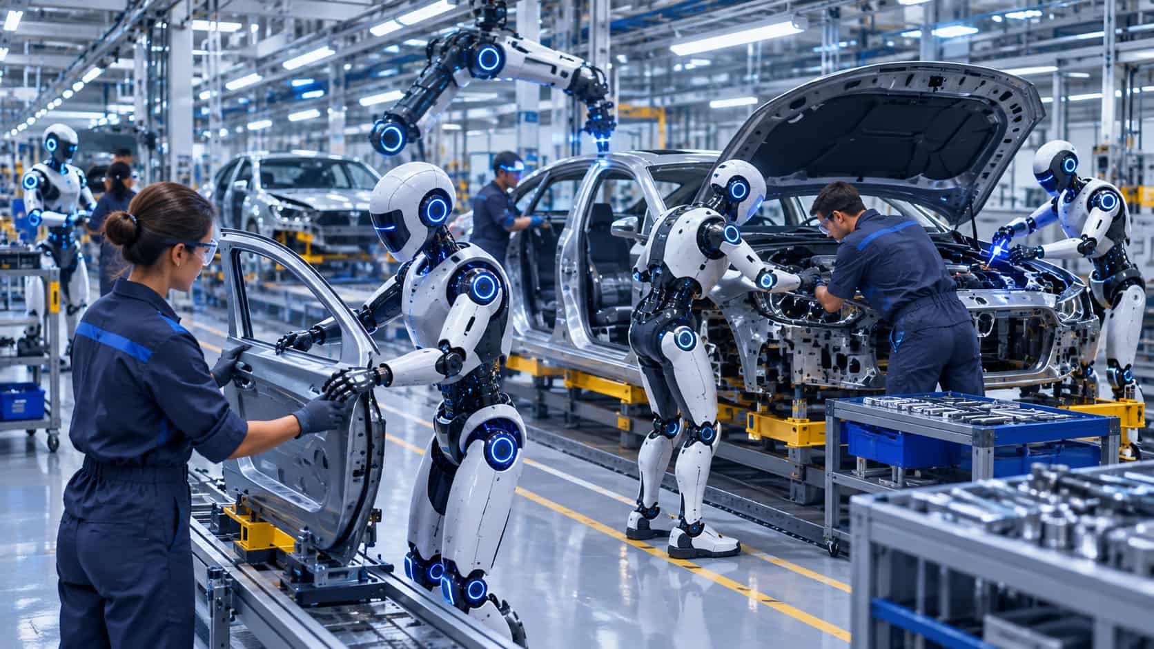 İnsanlarla aynı üretim bandında yan yana çalışan modern robot asistanların otomotiv fabrikasındaki uyumlu iş akışını anlatan illüstrasyon.
