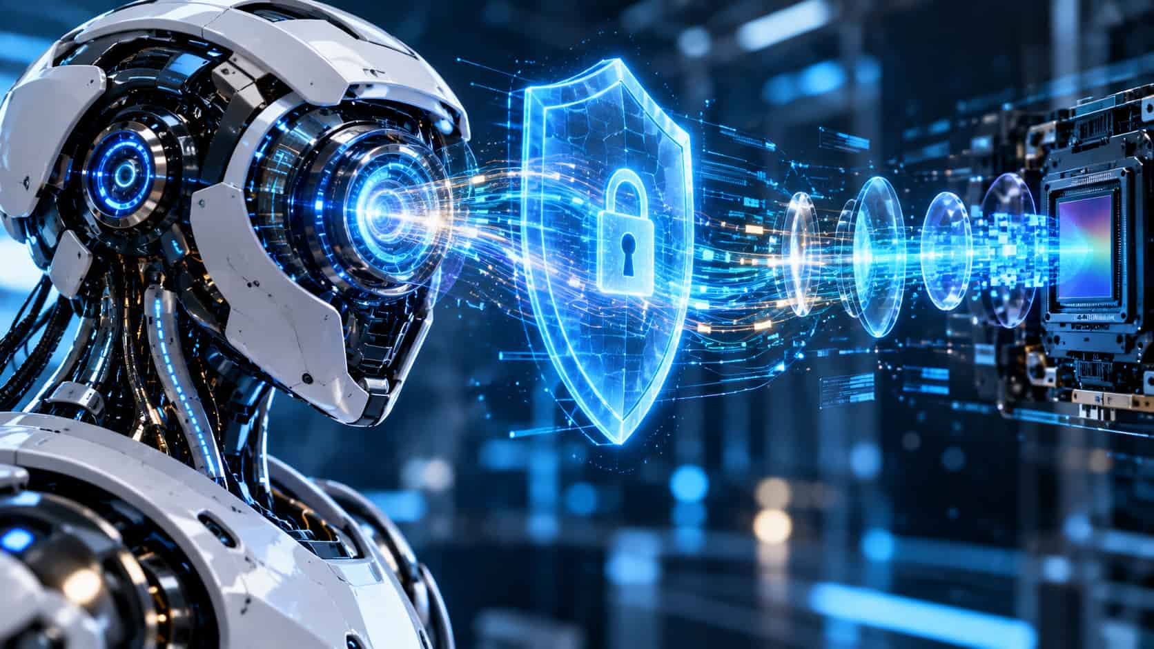 Otonom robot sistemlerinin siber saldırılardan korunmasını simgeleyen, dijital kalkan ve parlayan asma kilit içeren siber güvenlik görseli.