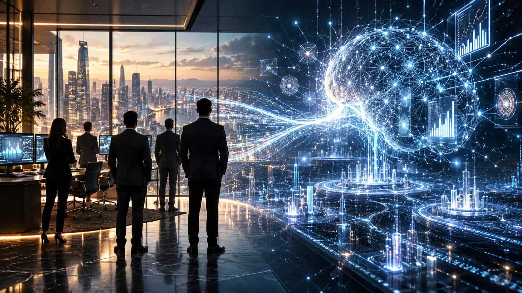 İnsan analistleri temsil eden klasik silüetler ile otonom zekayı temsil eden ışıklı veri ağlarının karşılaştırmalı finansal tasarımı.