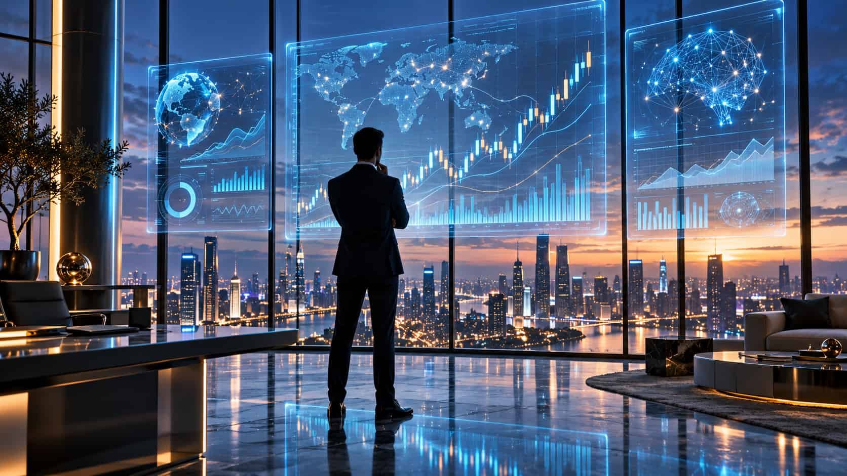 Yapay zeka panellerinden pazar verilerini inceleyen ve strateji kuran modern bir girişimci silüeti tasarımı.