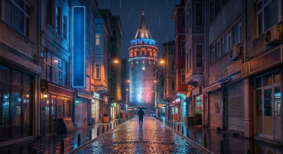 Yağmurlu İstanbul sokağında neon ışıkların yansıdığı sinematik gece atmosferi.