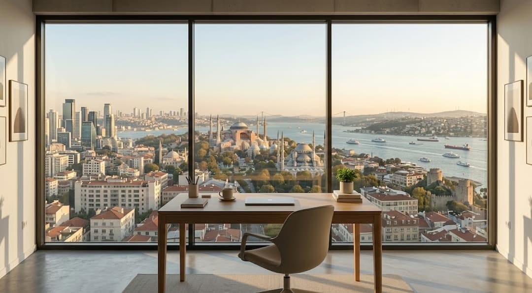 Pencereden gözüken İstanbul manzarası, sabah ışığının aydınlattığı modern bir çalışma masası ve üzerinde bir laptop