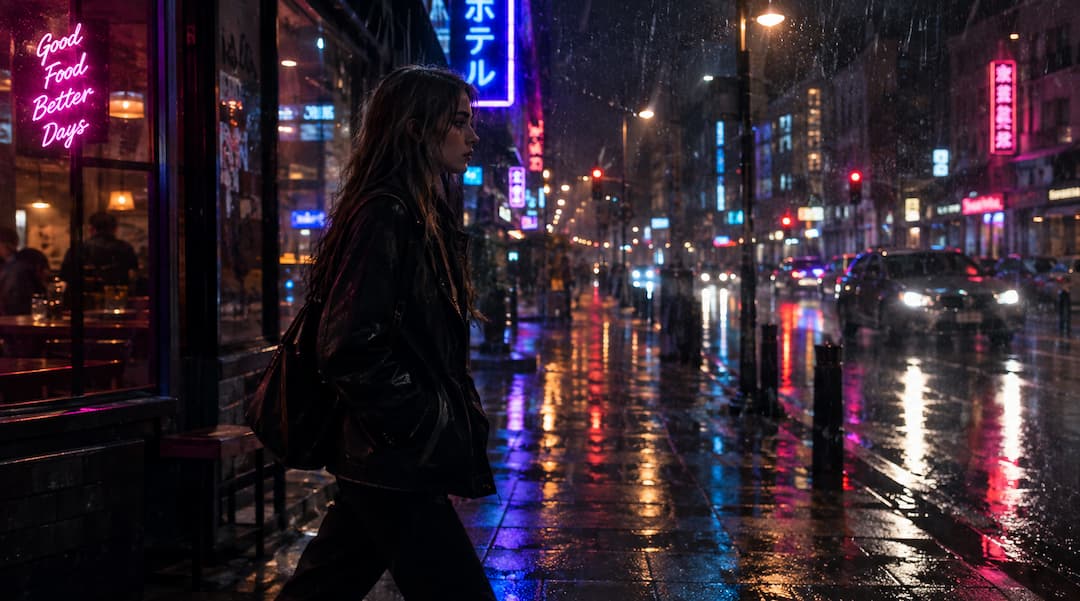 Yağmurlu gecede neon ışıklı sokakta yürüyen karakter, yandan takip eden kamera ve sinematik atmosfer.