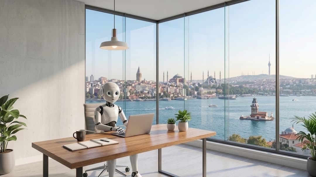 Ofiste bilgisayar başında çalışan servis robotu
