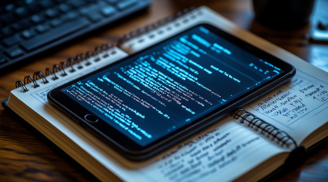 Sembolize kodlu tablet ve not defteri görseli.