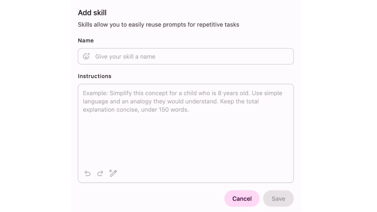Chrome Skills arayüzü ile yapay zeka komut oluşturma ekranı