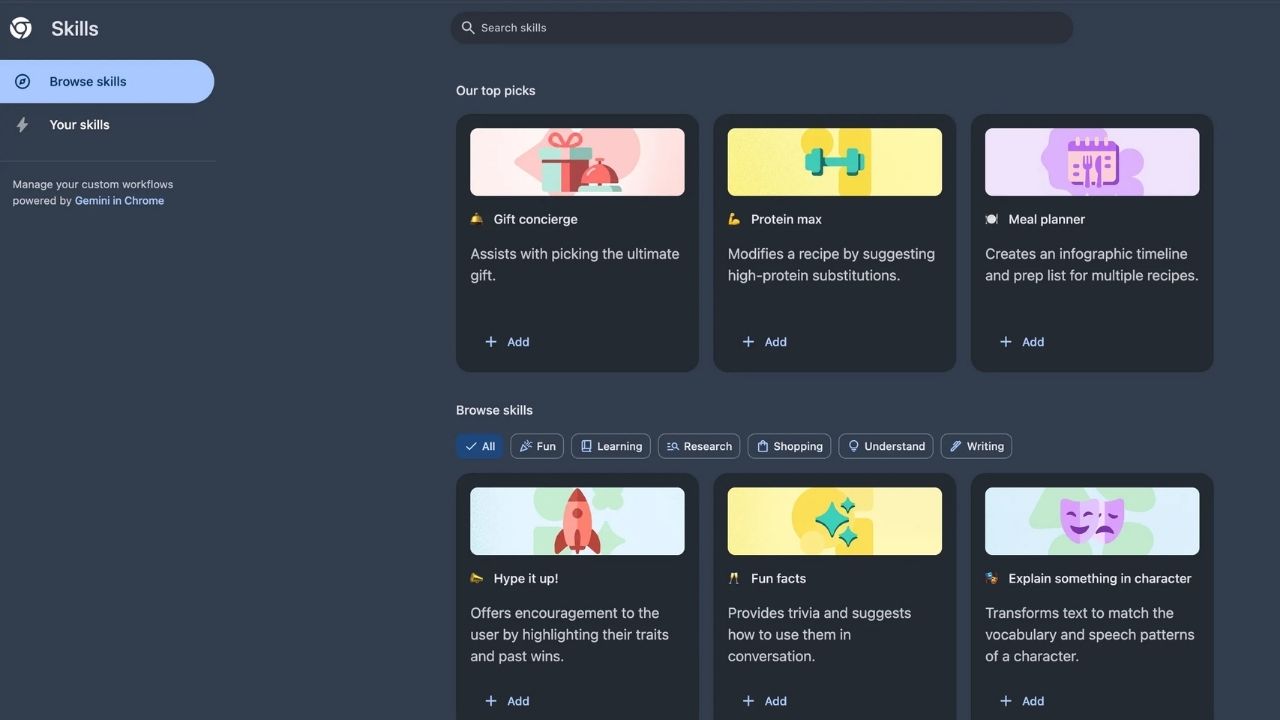 Gemini otomasyon araçları ile entegre Chrome Skills paneli