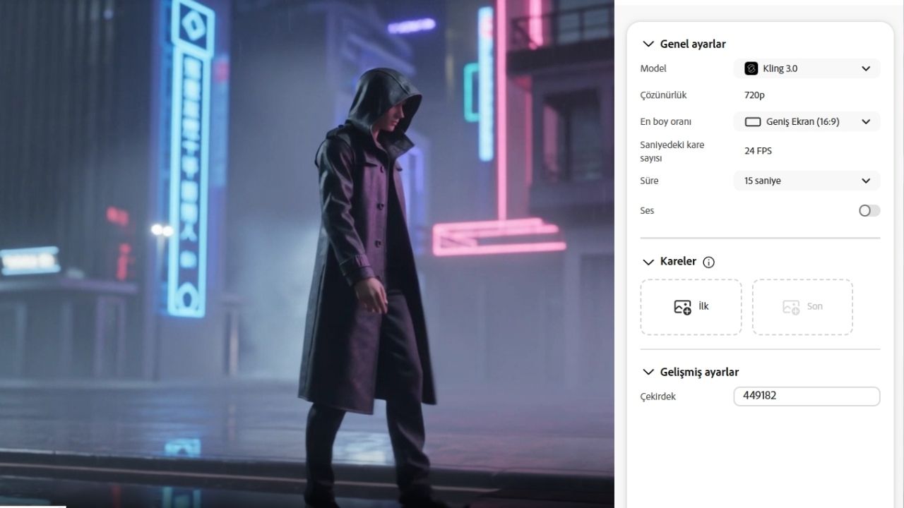 Kling 3.0 entegrasyonu ile Firefly AI Assistant kullanılarak metinden sinematik video üretimi yapılan yapay zekâ destekli video oluşturma süreci