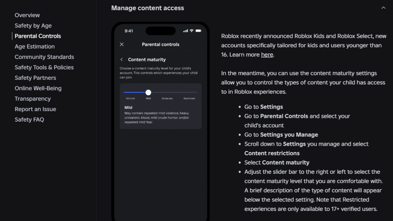 Roblox parental control screen