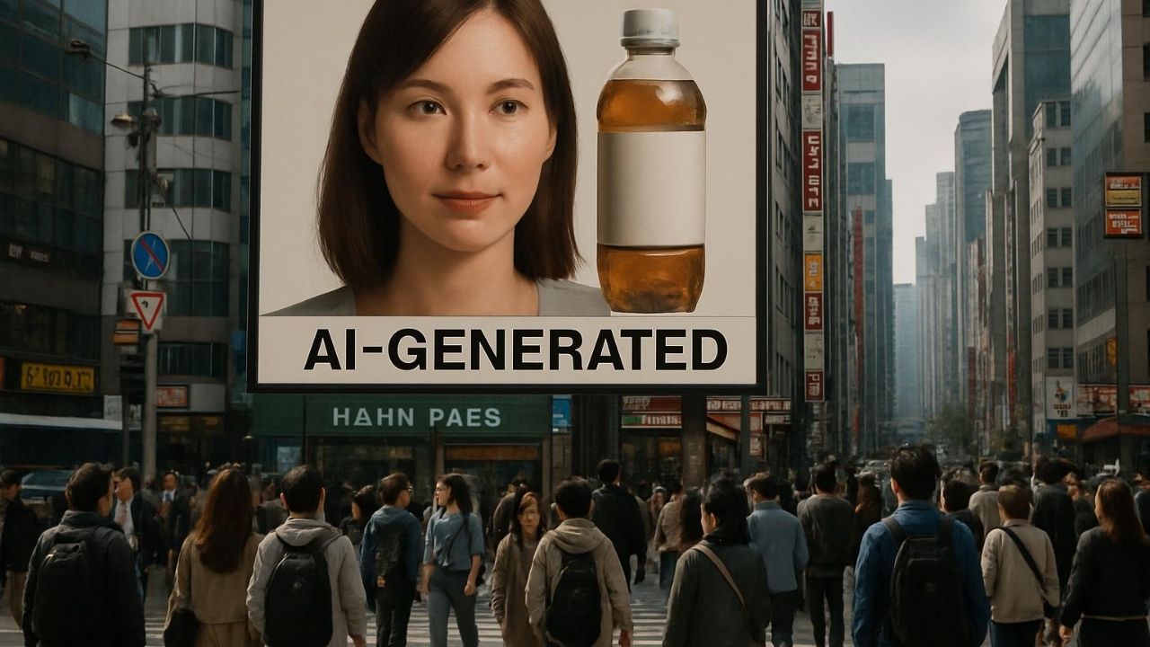 Üzerinde AI-generated image yani yapay zekâ ile üretilmiştir uyarı etiketi bulunan dijital reklam görseli