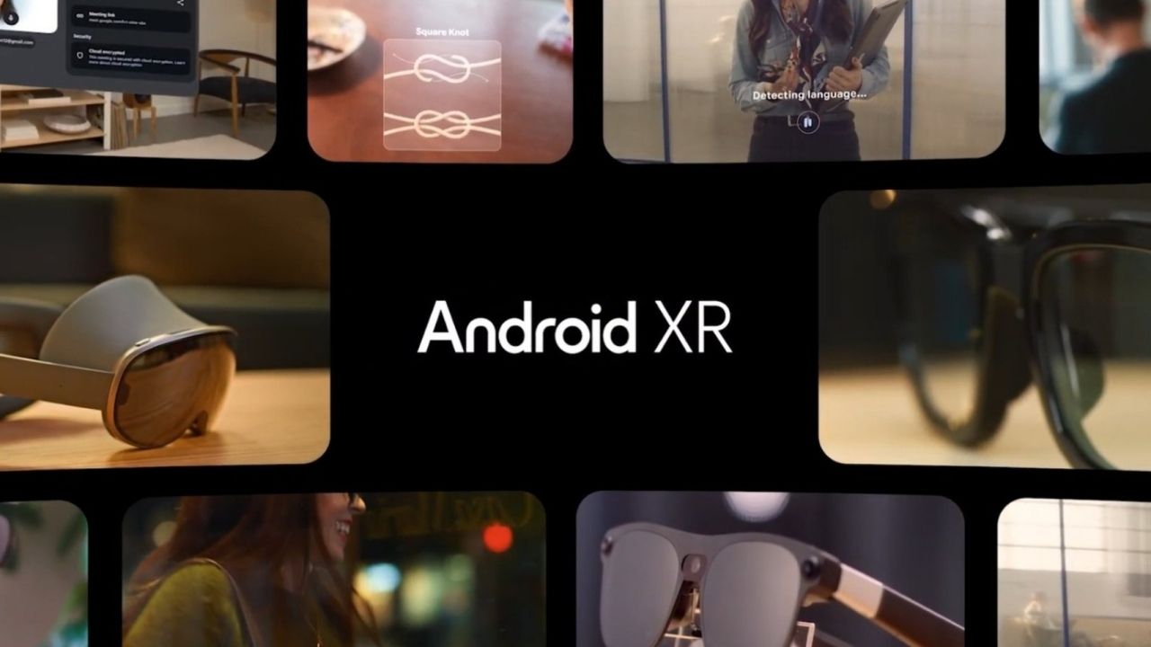 Android XR işletim sisteminin Google yazılımı ve Samsung donanımıyla birleşimini gösteren şema.