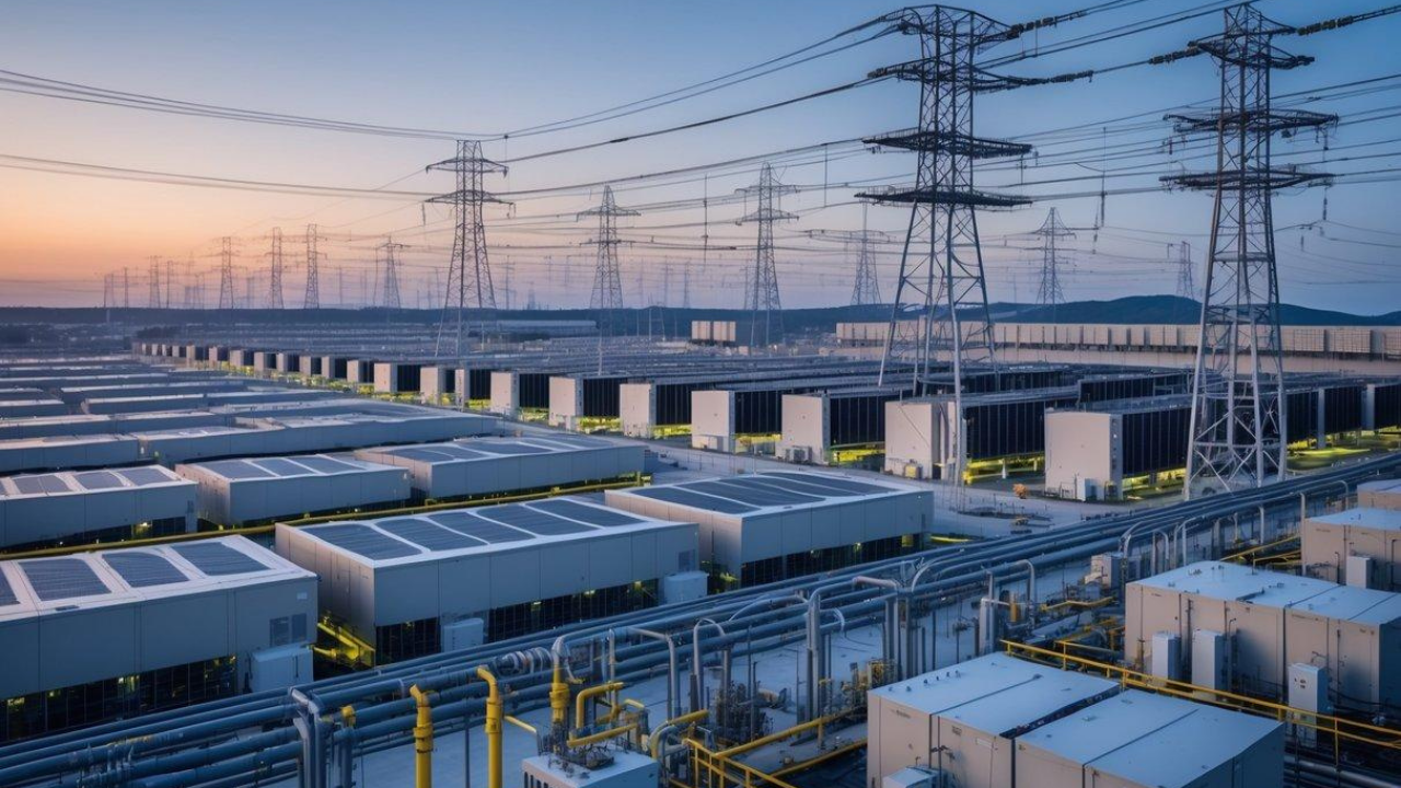 Yapay zekâ veri merkezlerinin enerji ihtiyacını temsil eden yüksek gerilim hatları.