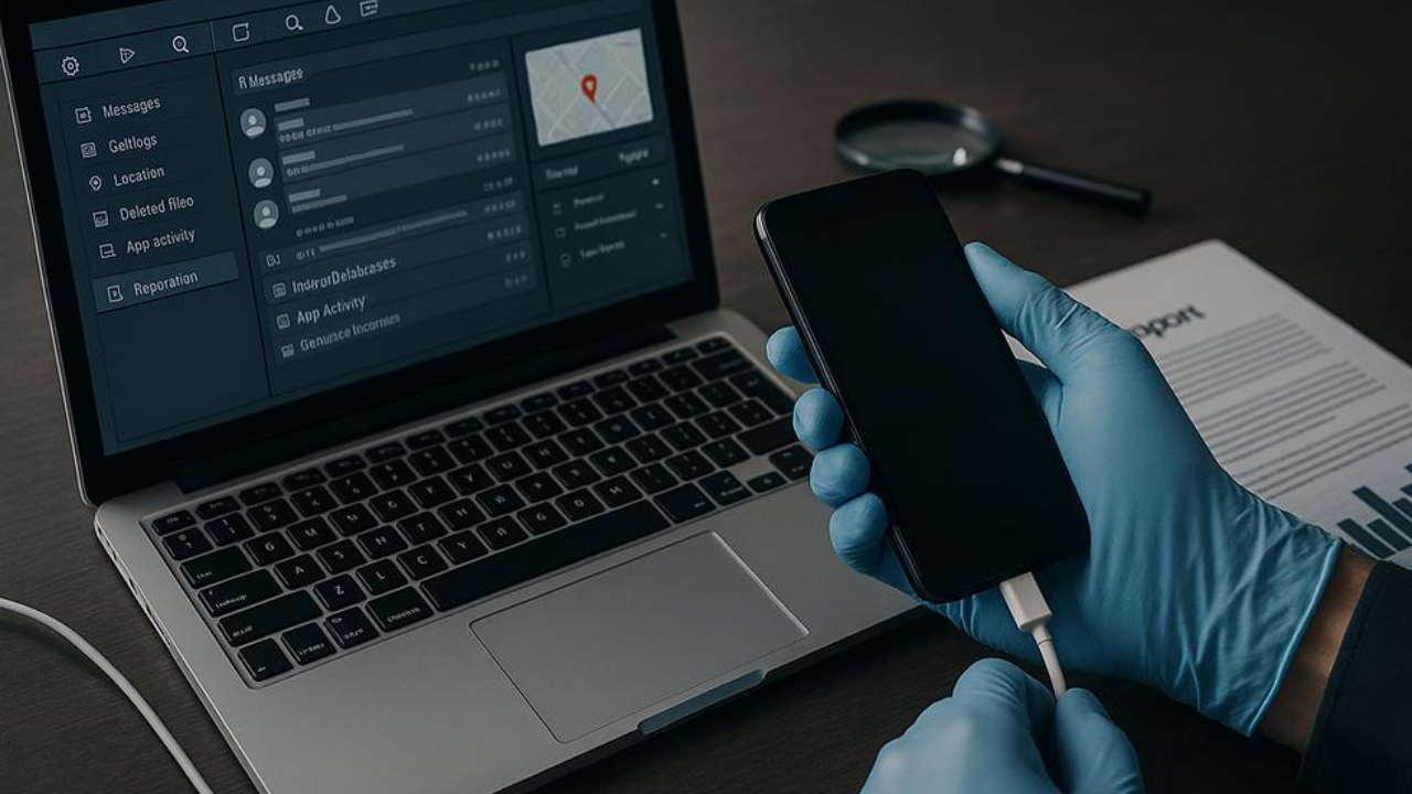 Siber güvenlik uzmanının casus yazılım izlerini tespit etmek için akıllı telefon incelemesi