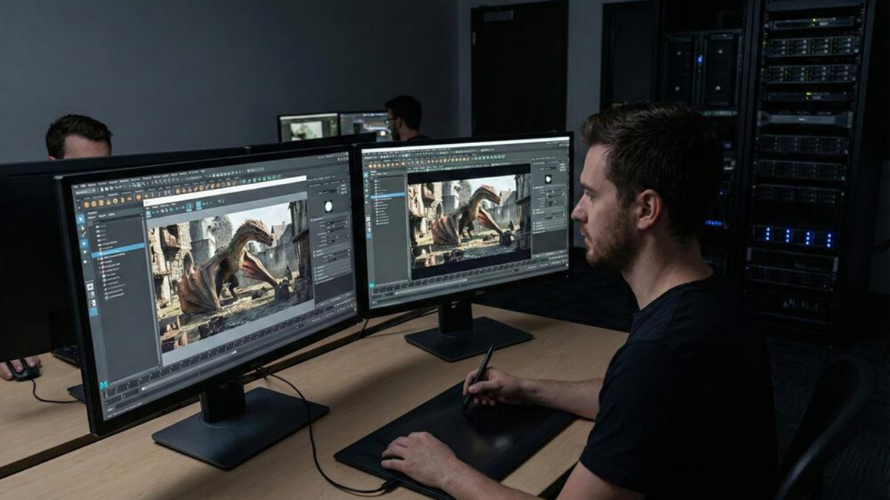 Görsel efekt uzmanının CGI sahnesi üzerinde çalışması