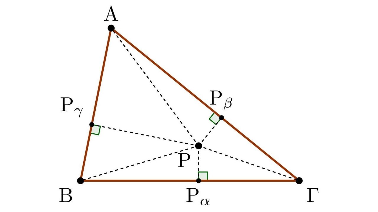 Üçgen geometrisinde Erdős-Mordell eşitsizliğini gösteren matematiksel diyagram