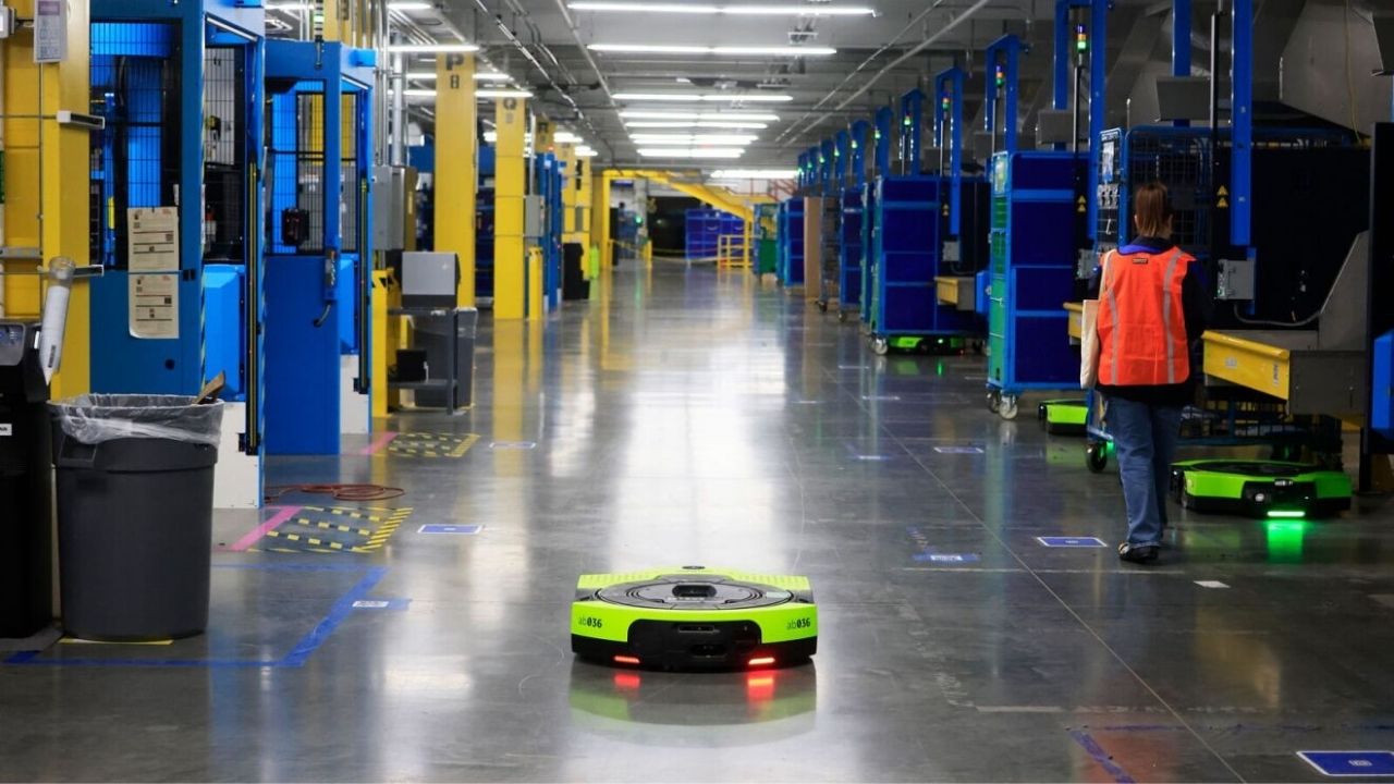 Amazon'un depo operasyonlarında çalışanlar ve yapay zeka destekli robotik sistemlerin birlikte kullanımı