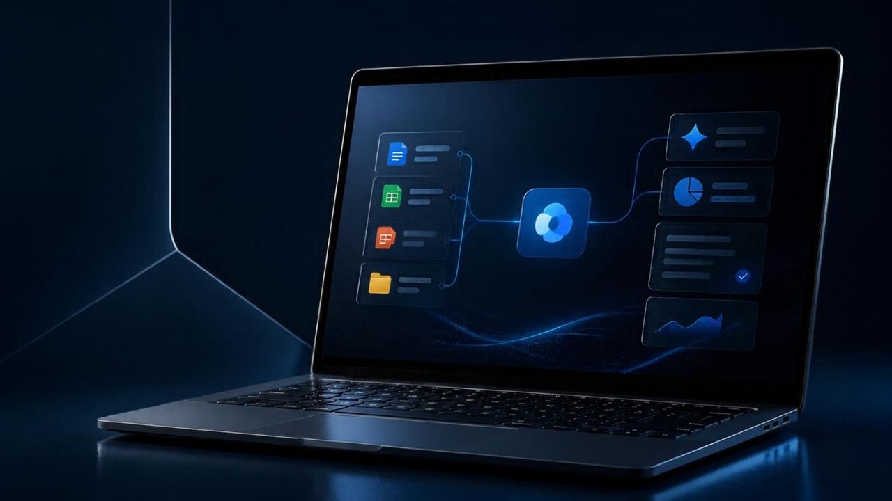 Windows Copilot'un yerel dosya yönetimi ve yapay zeka ajanı yeteneklerini temsil eden teknoloji konsepti.