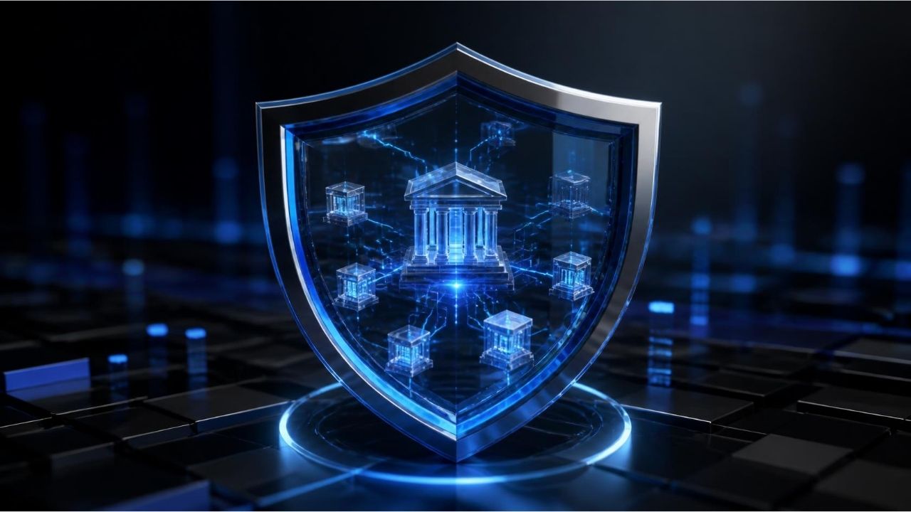 Bankacılık verilerini yetkisiz erişimden korumayı temsil eden dijital güvenlik kalkanı.