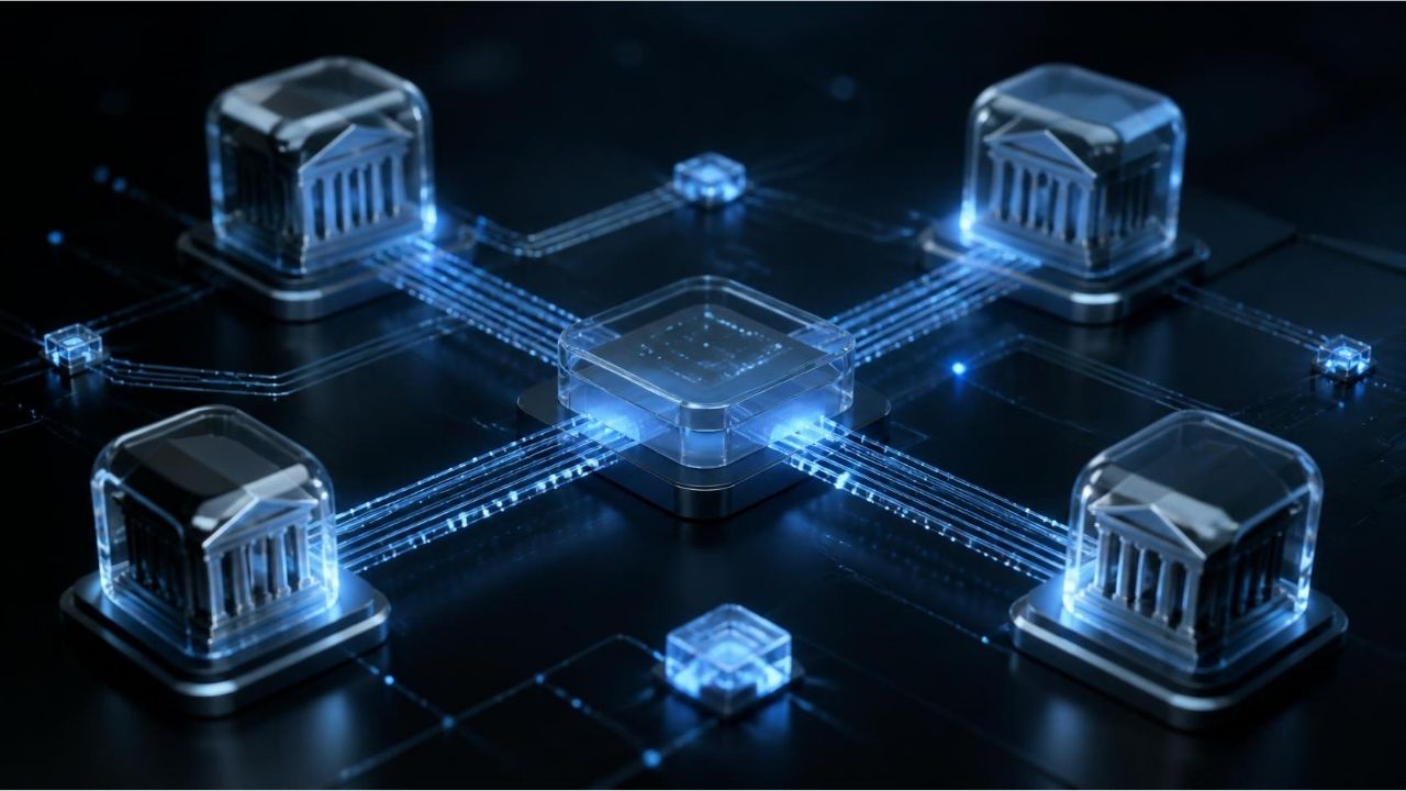 Farklı finansal hesaplar arasında dijital para hareketini temsil eden bağlantılı banka ağı.