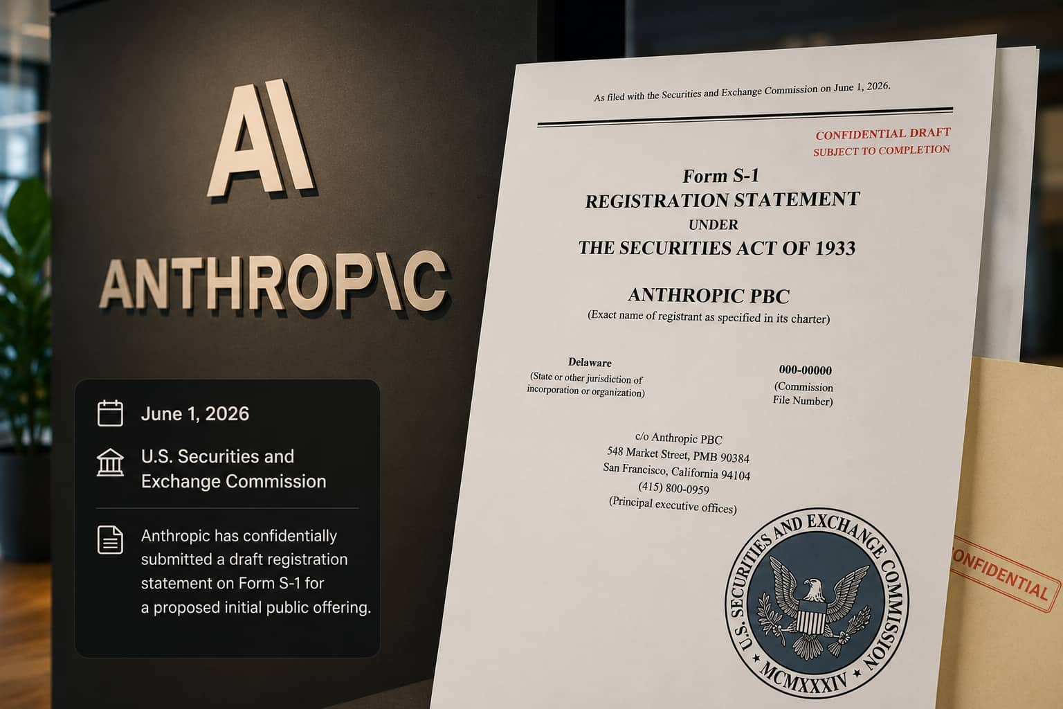 Anthropic'in 1 Haziran 2026'da SEC'e sunduğu gizli S-1 halka arz başvurusunun temsili görseli, şirket logosu ve resmi belge tasarımı
