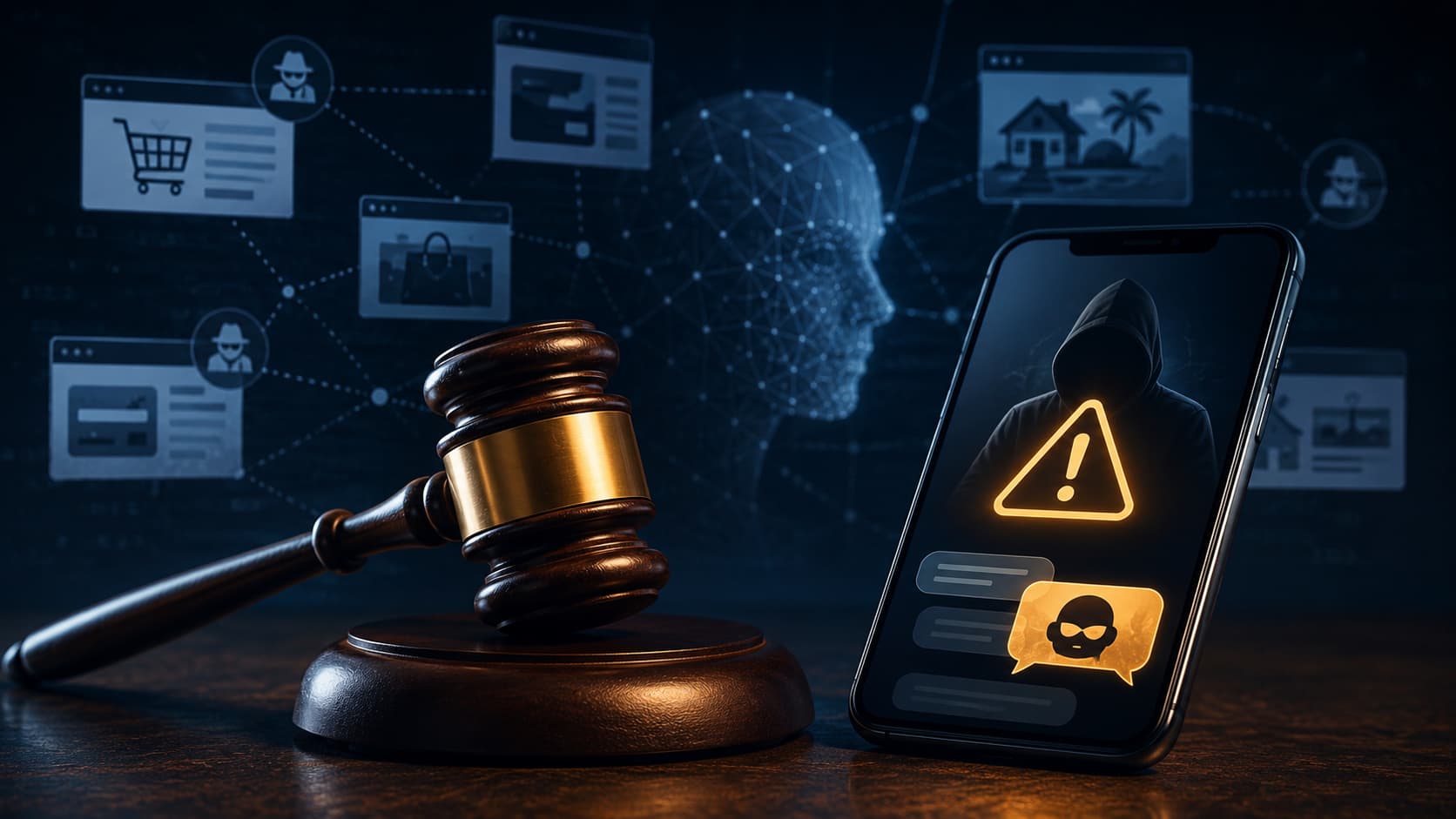 Yapay zeka ile dolandırıcılık ve hukuki süreci temsil eden görsel: bir tokmak, sahte mesaj uyarısı gösteren telefon ve arka planda sahte site ağı