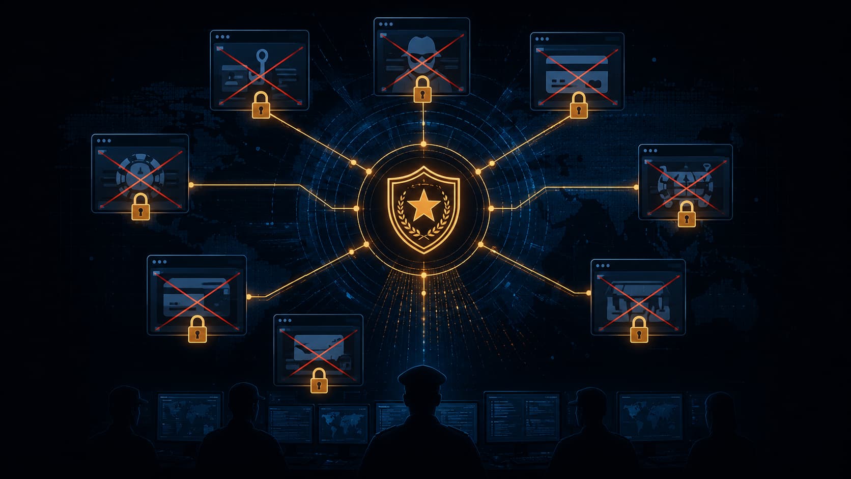 Google ve FBI iş birliğiyle sahte alan adlarına el konulmasını gösteren görsel: kilit simgeleriyle işaretlenmiş dolandırıcılık domainleri