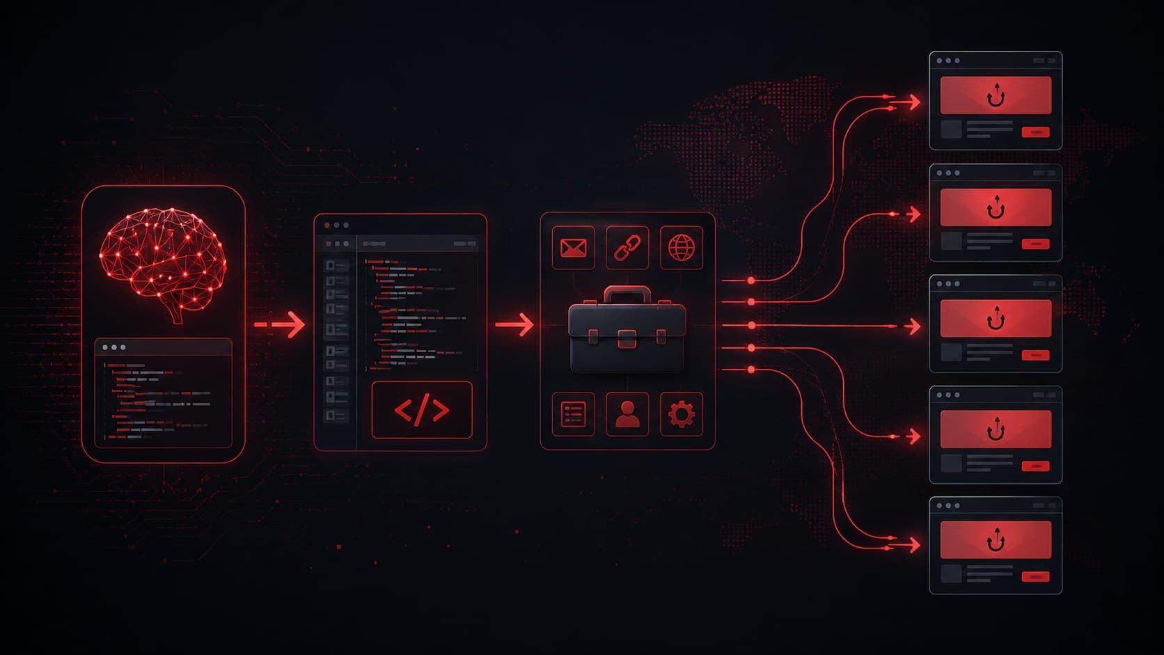 Yapay zeka destekli phishing-as-a-service akışını gösteren görsel: model tarafından üretilen sahte site kodunun dağıtım kitine ve canlı dolandırıcılık sayfalarına aktarılması